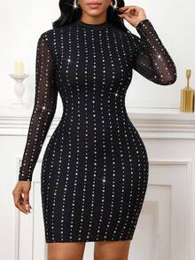 SHEIN Lady 女式亮片装饰紧身迷你连衣裙，时尚派对装 - 黑色 - 查看 9