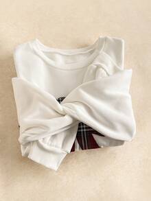 Elaquor بلوزة رياضية فضفاضة مطرزة بفيونكة مربعات مناسبة للمقاسات الكبيرة للنساء، تناسب جميع المناسبات، مناسبة لعيد الميلاد - بيج - مشاهدة 7