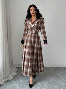 Selianne Bộ vest thời trang công sở vải tuýt kẻ caro xếp ly thanh lịch dành cho nữ, Thu/Đông - Cà phê nâu - Xem 6