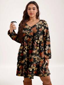 EMERY ROSE Plus Size Women Floral Print V-Neck Lantern Sleeve Ruffle Hem Casual Loose Dress - Multicolor - View 5