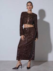 COSMINA Women's Solid Color Sequin Side Slit Hem Elegant Fashionable Autumn Winter Sexy Elegant Occasion Party Evening Christmas NYE Thanksgiving Skirt - Brown - View 5