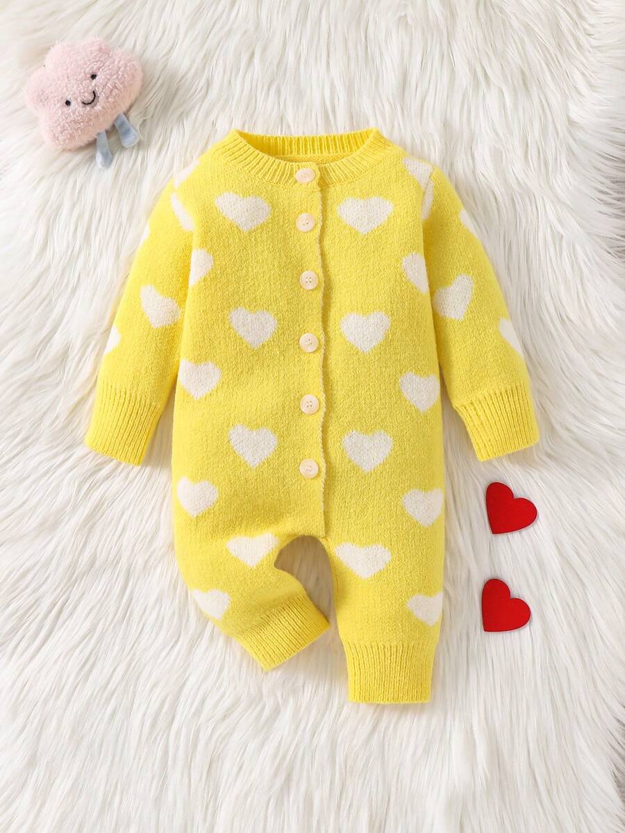 SHEIN Newborn Baby Girl Cute Heart Pattern Pink Long Sleeve Knitted Romper, Autumn/Winter - Yellow - View 1