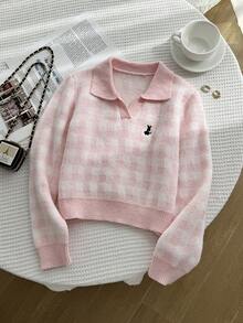 SHEIN 少女粉色V领长袖针织毛衣，优雅刺绣图案，舒适百搭 - 粉色 - 查看 3