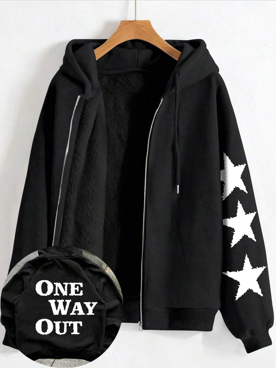 INAWLY Chaqueta con capucha con estampado de letras y forro térmico, estilo urbano para mujer - Negro - Ver 1