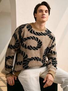 RONVEXI Men's Fashionable Black Colorblock Pattern Brown Knit Sweater,Autumn Autumn/Winter Casual Clothes For Date,Parties,Offices,Homes,Commutes,Outdoor - Apricot - View 6