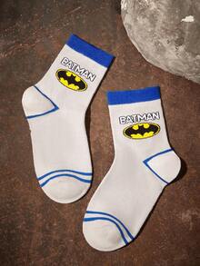 BATMAN X SHEIN 3 双男童棉质柔软透气吸湿排汗儿童中筒袜彩色可爱卡通中筒袜加固脚趾和脚跟，经久耐用，四季百搭，适合学校和户外，夏季冬季