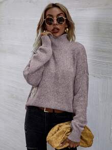 EMERY ROSE 休闲纯色高领长袖套头衫，秋冬 - 淺灰紫 - 查看 5