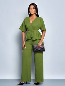 SOLERSUN Fashionable Commuter Solid Color Pleated Hem Top And Pants Set