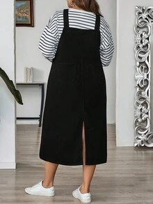 SHEIN CURVE+ Plus Size Solid Color Women Sleeveless Loose Casual Versatile Denim Dress,Christmas,Halloween,Stylish Commuter,Casual For Autumn/Winter,Casual Minimalist Basic , Suitable For Autumn/Winter , Suitable For Vacation, Party, Date, Gathering,Casual Versatile Suitable For Christmas, Halloween, Back To School, Vacation, Office Wear