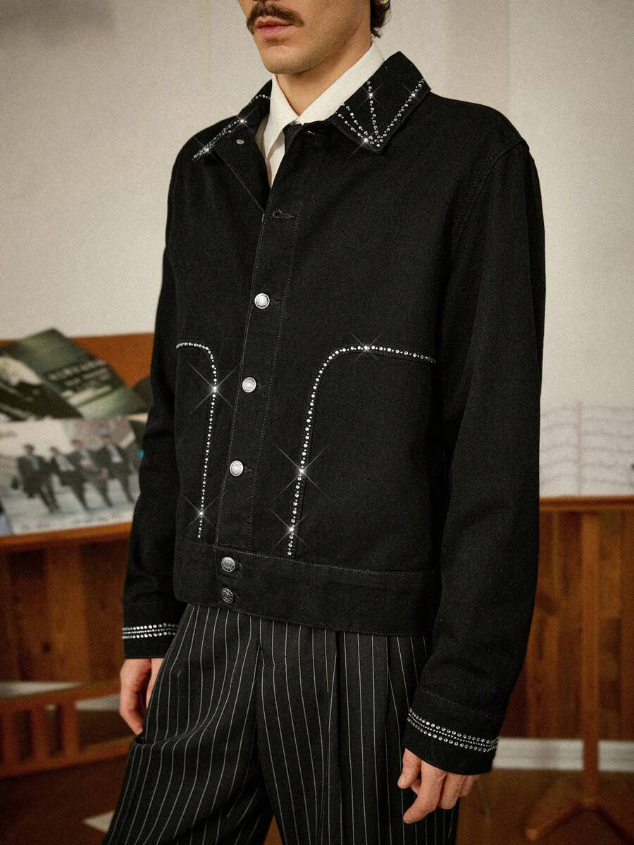 RivetRise Men's Premium Rhinestone Embellished Front Button Long Sleeve Denim Jacket OVERSIZE Rhinestone Black New Year Party Denim Trucker Jacket For Couples - Black - View 1