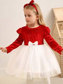 SHEIN Baby Girl Colorblock Bow Decor Ruffle Trim Mesh Patchwork Long Sleeve Dress - Multicolor - View 6