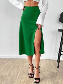 EURMUSE High Waist Solid Color Slit Thigh Elegant Skirt - Hijau - View 4