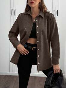 SHEIN Cottnline Solid Color , Rhinestone Details, Over Shirt Jacket - Brown - View 5