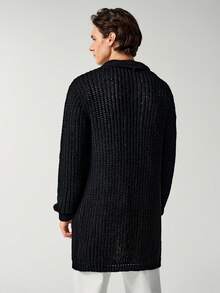 Manfinity Homme 男士纯色休闲百搭长袖针织开衫，外出落肩纯色厚实休闲超大纯黑色开衫，适合丈夫、男友礼物，适合秋冬，垃圾摇滚风格 - 黑色 - 查看 3