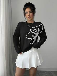 Elenzga Women's Crew Neck Floral Pattern Solid Color Pullover Sweater - Black - View 5