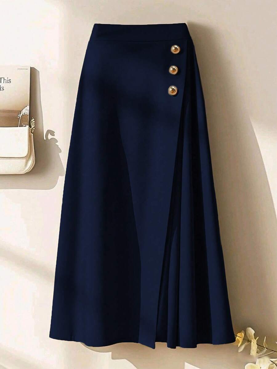 Franclia Fashionable Casual & Commute Pleated A-Line Skirt With Side Buttons, Spring/Autumn - Navy Blue - View 1