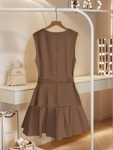 Franclia Elegant French Style Minimalist Daily Versatile Round Neck Sleeveless Cinched Waist Waist Pleated Hem Dress, Non-Stretch Woven White Dress, Business Casual Women's Clothing, White Graduation Dress, Pleated Dress, Graceful White Dress