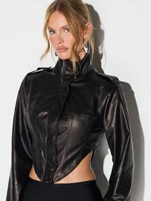 KIZN Extreme Dipped Cropped Leather Biker Jacket With Stand Collar And Front Zip Closure - White - View 4