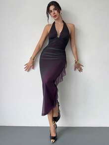 Firerie Women's Elegant Romantic Ombre Pleated Bodycon Halter Dress - Purple - View 8