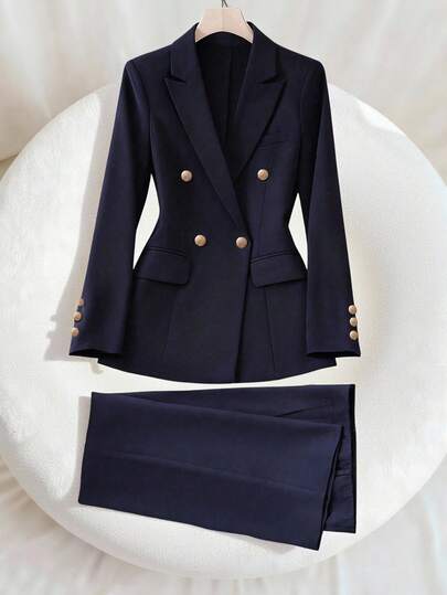 Franclia Women's Fashionable Commuting Spring And Autumn Temperament Goddess Style Workplace High-End Sense Navy Blue Double-Breasted Metal Button Long-Sleeved Suit Jacket + Flared Pants Suit Trousers Two-Piece Suit Suit Two-Piece Suitwinter Winter Clothes Winter Clothes For Women Fall Clothes For Women Autumn Fall Autumn Clothes Fall Outfits For Women New Year New Year Outfit Thanksgiving Outfit For Women Party Wedding Elegant Casual LuxuryChristmas New Year Party Graduation Ball Cosplay New Year Going Out Tops For Women Graduation Elegant Fashionable Casual Commuting Business Office Daily Leisure All-Match Temperament Urban Teacher Professional Attire