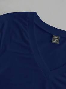 SHEIN EZwear 休闲简约学院风纽约NY标志印花V领褶皱T恤女款，适合夏季、返校季、学院风、老钱风返校季 - 藏蓝色 - 查看 5