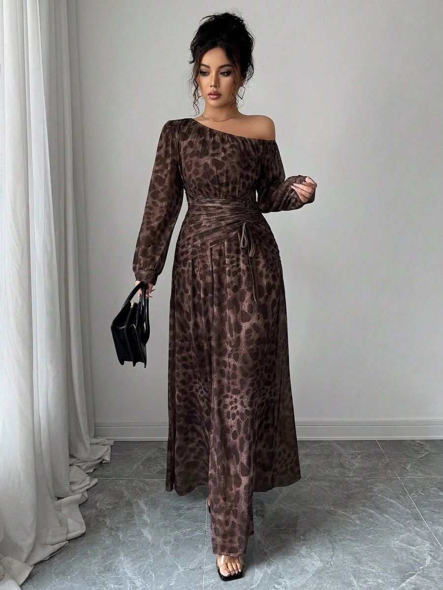 Rafferiza Women's Elegant Leopard Print Brown Checkered Mesh Asymmetrical Shoulder Long Dress,Autumn Date Wedding Guest Homecoming Party Ruched A-Line Gown - Coffee - View 1