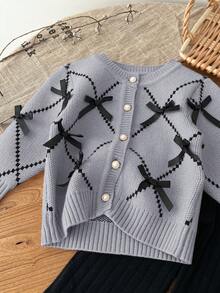 SHEIN LMoss Kids LMoss Baby Girl Baby Girl Cute Pink Bowknot Knitted Cardigan With Elastic Waist Black Pants Sweater Set, Autumn/Winter - Light Grey - View 6