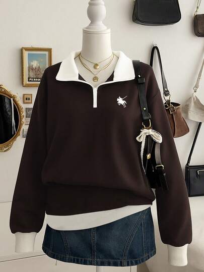 Lalippa Women's Embroidered Color Block Half Zip Casual Long Sleeve Sweatshirt, Christmas