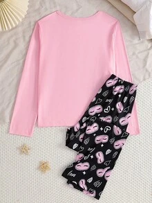 2 件套女童青少年可爱印花长袖上衣和裤子睡衣套装，秋冬休闲家居服 - 粉色 - 查看 2