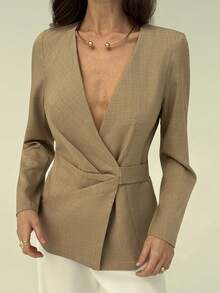 Aloruh Women's Solid Color Deep V-Neck Long Sleeve Pleated Waist Casual Blazer - Apricot - View 5