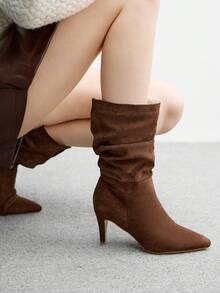 CUCCOO BIZCHIC Brown Pointed Toe Slip-On Ruched Suede Mid-Calf Boots, Fashionable High Heels, Comfortable & Versatile For Daily Commute For Christmas - Brown - View 5