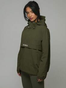 Musera Sport 尼龙半拉链口袋细节Logo连帽外套，夏季、雨天、徒步、运动、休闲、假日、节日、冬季、春季假期适用 - 軍綠色 - 查看 2