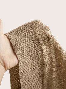 SHEIN Clasi Plus Size Women Black Round Neck Hollow Crochet Pullover Sweater With Ruffle Trim, Elegant Knit Jumper For Autumn, Work And School