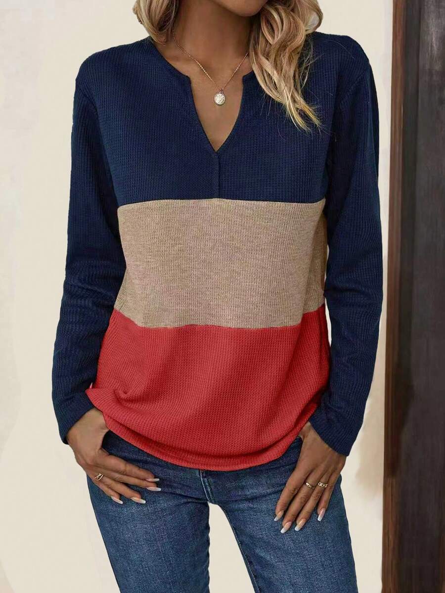 EMERY ROSE Women's Colorblock Long Sleeve T-Shirt Graphic Tees Women Tops For Spring, Christmas - Red - View 1