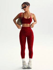 Dewbera Seamless High Stretch Leopard Print Sports Bra And Leggings Set Red Athletic Set Workout Women Set Red Leopard Print Workout Set - Red - View 5