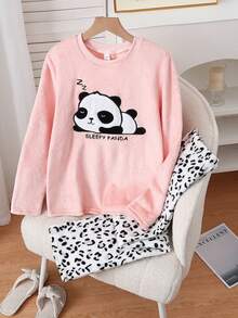 Ensemble de pyjama pour adolescentes comprenant un sweat-shirt en peluche rose avec panda brodé et un pantalon en peluche léopard épais et confortable à manches longues - Rose bonbon - Voir 3