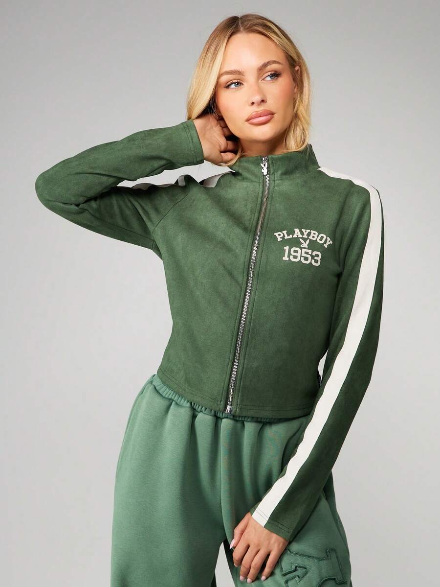 Missguided x Playboy Áo khoác thể thao cổ điển năm 1953 có khóa kéo phía trước với chi tiết sọc bên hông, trang phục thể thao cổ điển, áo khoác ngoài thường ngày - màu xanh lá - Xem 1