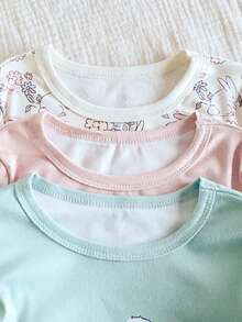 SHEIN Vintaside Kids 6件套女童可爱兔子和花卉全身印花柔软舒适圆领长袖上衣和紧身裤家居服套装 - 彩色 - 查看 3
