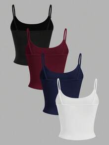 SHEIN EZwear 4pcs Plus Size Women's Solid Color Spaghetti Strap Camisole Tops, Suitable For All Seasons, Summer Camisole, Black, Red, Blue, White - Multicolor - View 2
