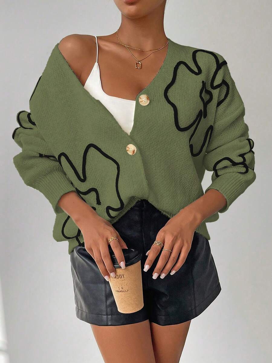 Chiquease Women's Floral Textured Drop Shoulder Long Sleeve Single-Breasted Casual Knit Cardigan, Autumn/Winter - Green - View 1