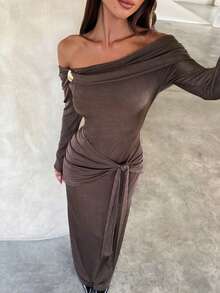 Aloruh Đầm dự tiệc bodycon trễ vai màu nâu có dây trang trí kim loại, tay dài, dễ mặc - Cà phê nâu - Xem 9