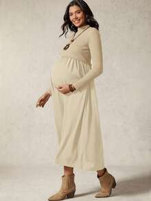 Boho Mama 孕妇百褶立领长袖休闲哺乳连衣裙 - 卡其色 - 查看 7