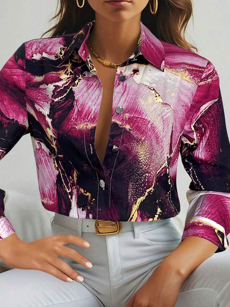 SHEIN Clasi Damska, opływowa, jednorzędowa koszula z długim rękawem i nadrukiem w gwieździste niebo - Burgund - Zobacz 1