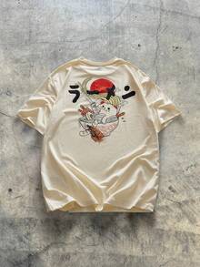 AXEPEAK Men Cotton Japanese Letter & Cartoon Graphic Tee, Summer