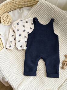 Newborn Baby Boy Cute Casual Versatile Cartoon Pattern Long Sleeve Jumpsuit Set - Navy Blue - View 3