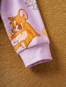 TOM & JERRY X SHEIN 2pcs Baby Girl Cute Cartoon Pattern Crew Neck Long Sleeve Knit Jumpsuit And Bib Sleepwear Set - Multicolor - View 7