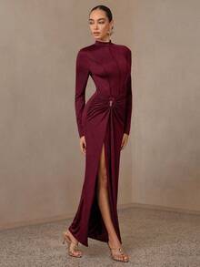 Modelyn Women's Solid Color Stand Collar Long Sleeve Ruched Side Slit Hem Dress - Burgundy - View 3