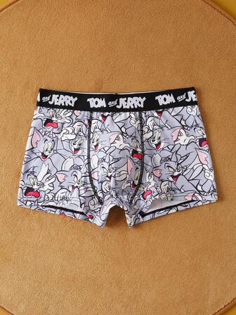 TOM & JERRY X SHEIN 男式撞色腰带卡通印花缝线细节平角裤