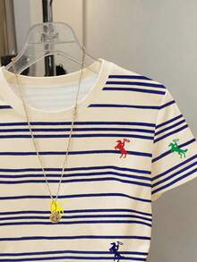 SHEIN Women's Casual Striped Knight Print Round Neck Short Sleeve T-Shirt - Multicolor - View 3