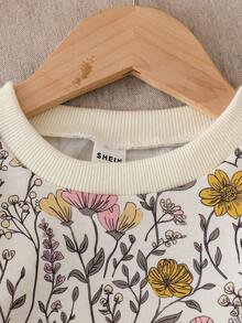 SHEIN Genkimix Kids 2pcs/Set Young Girls Floral Print Ruffle Sleeve Crew Neck Sweatshirt And Flared Pants Set, Spring/Autumn - Apricot - View 4